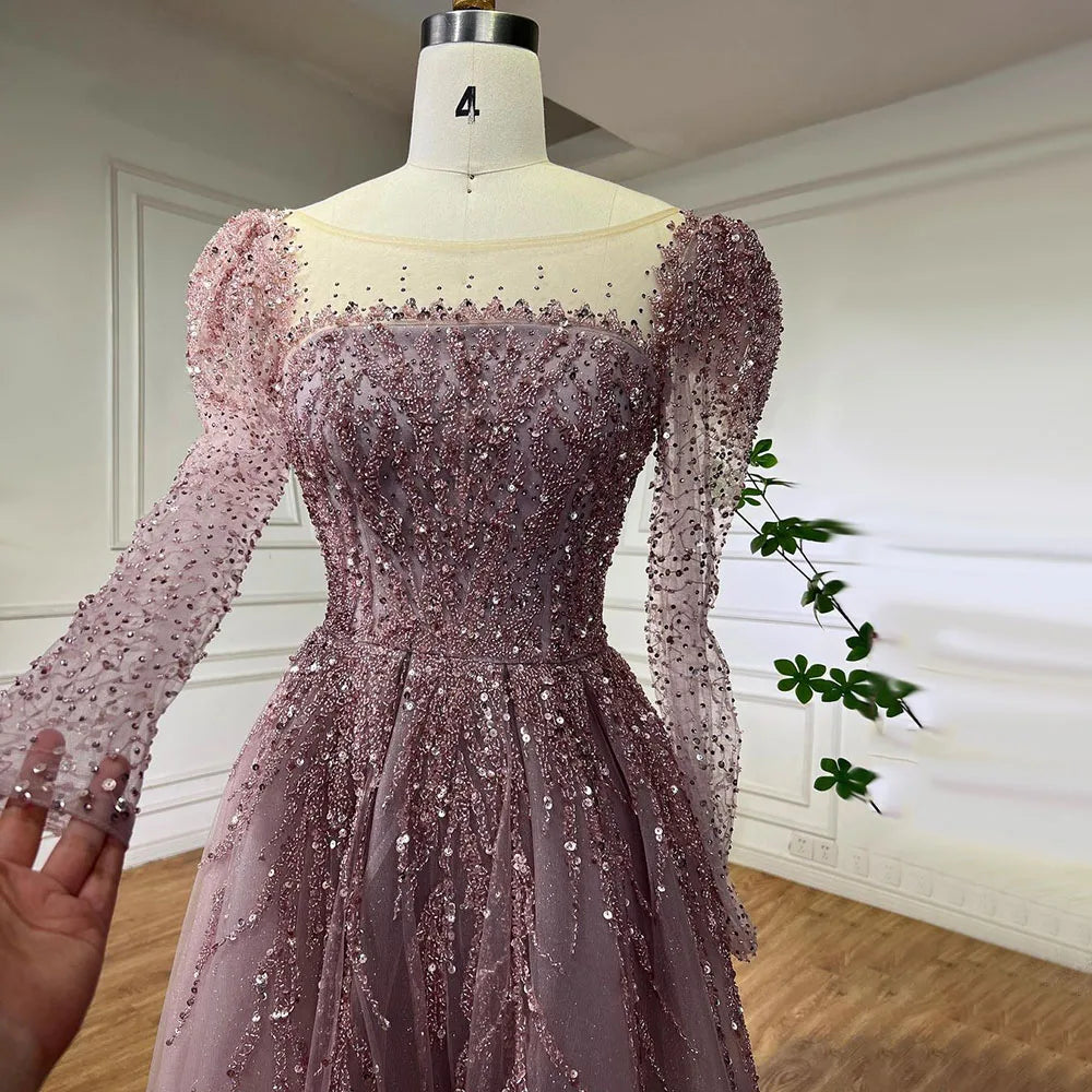 Serene Hill Muslim Pink A Line Beaded Luxury Dubai Long Evening Dresses Gowns 2024 For Woman Wedding Party LA71915