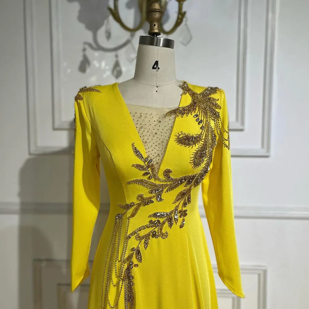 Serene Hill Luxury Dubai Arabic Yellow Mermaid Elegant Tassel Beaded Evening Dresses Gowns For Women Wedding Party 2024 LA72555