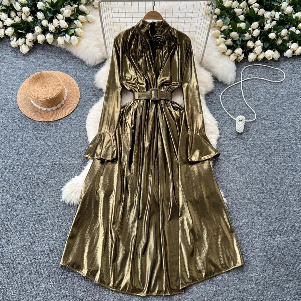 Autumn Vintage Pleated Women Long Dress Elegant Stand Collar Solid A-Line Party Prom Vestidos Female Birthday Clothes Mujers