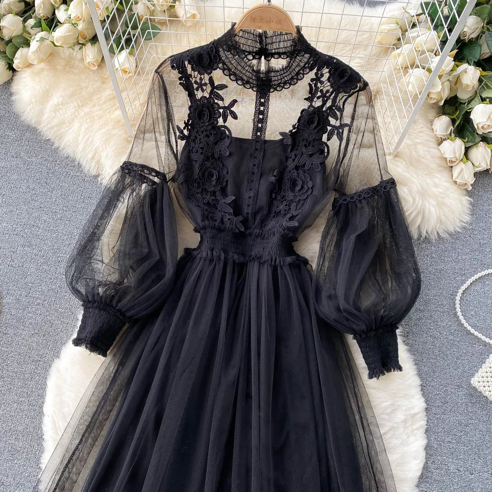 Retro Elegant Mesh Pleated two pieces Dress sets Sexy Fairy puff sleeve Summer Casual Vestidos Slim Women Evening Party Dress
