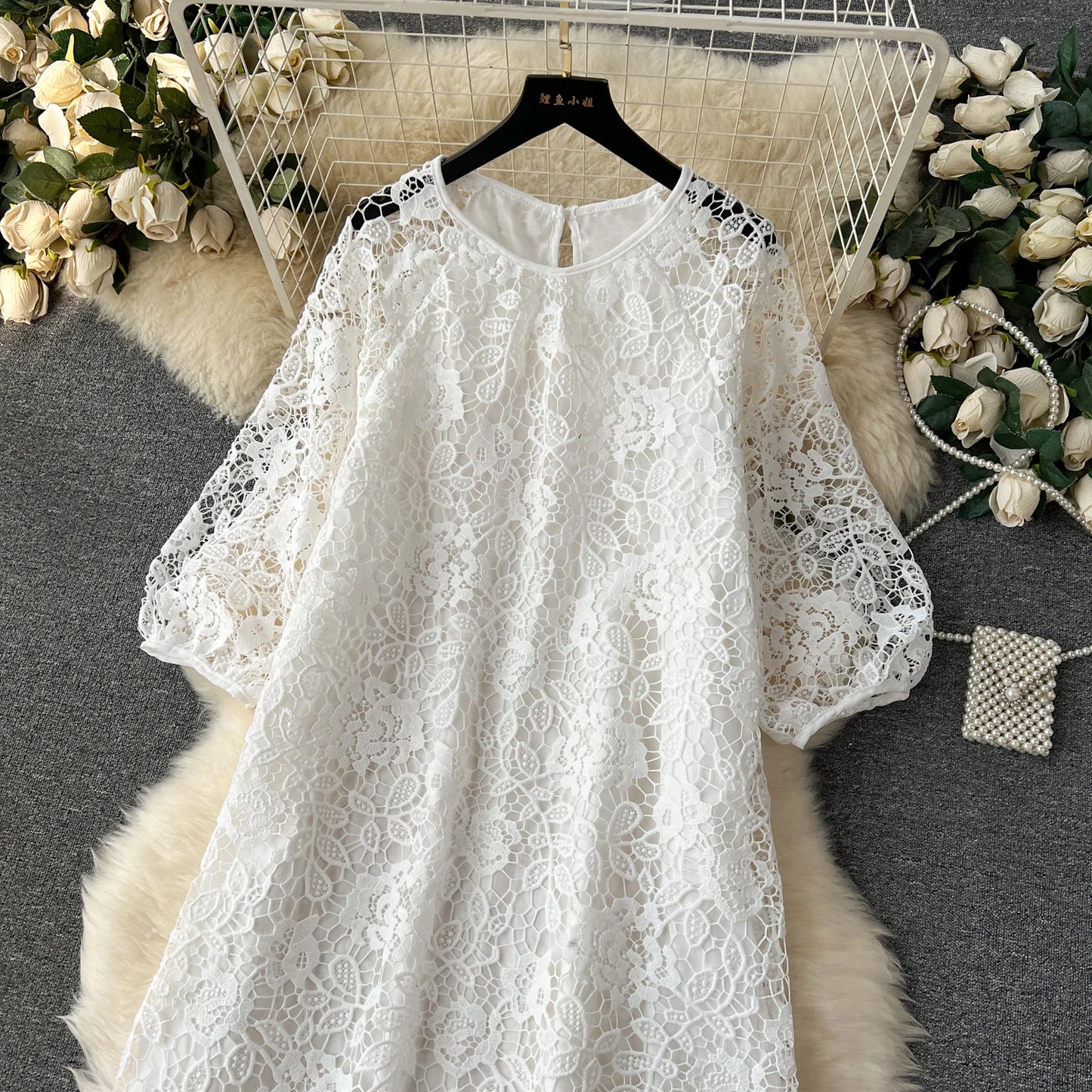 Chic Long Sleeve O Neck Lace Hook Flower Hollow Loose Dress Chiffon A-line Casual Dresses Fashion Women Elegant Vestidos