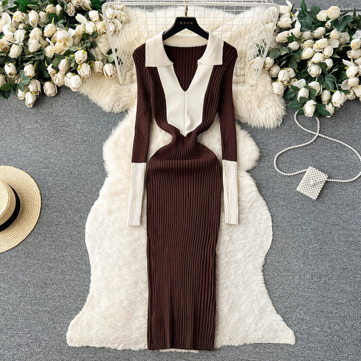 Elegant Polo-neck Long Sleeve Knit Bodycon Pencil Dress Slim Basic Fashion Sweater Vestido Sexy Women Autumn Winter Clothing