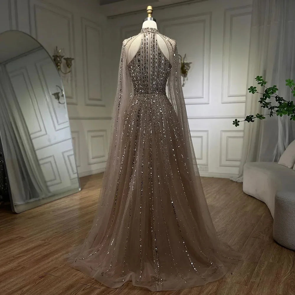 Serene Hill Arabic Turquoise A Line Cape Sleeve Beaded Luxury Dubai Evening Dresses Gowns For Women Wedding Party 2024 BLA72306A