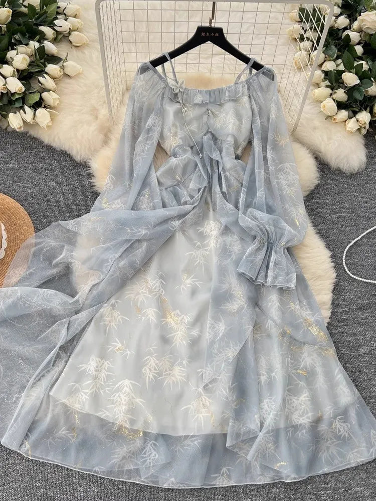 Elegant Bright Silk Print Party Dress for Women Casual Off Shoulder Spaghetti Strap Flare Sleeve Slim Waist Vestidos A-Line Robe