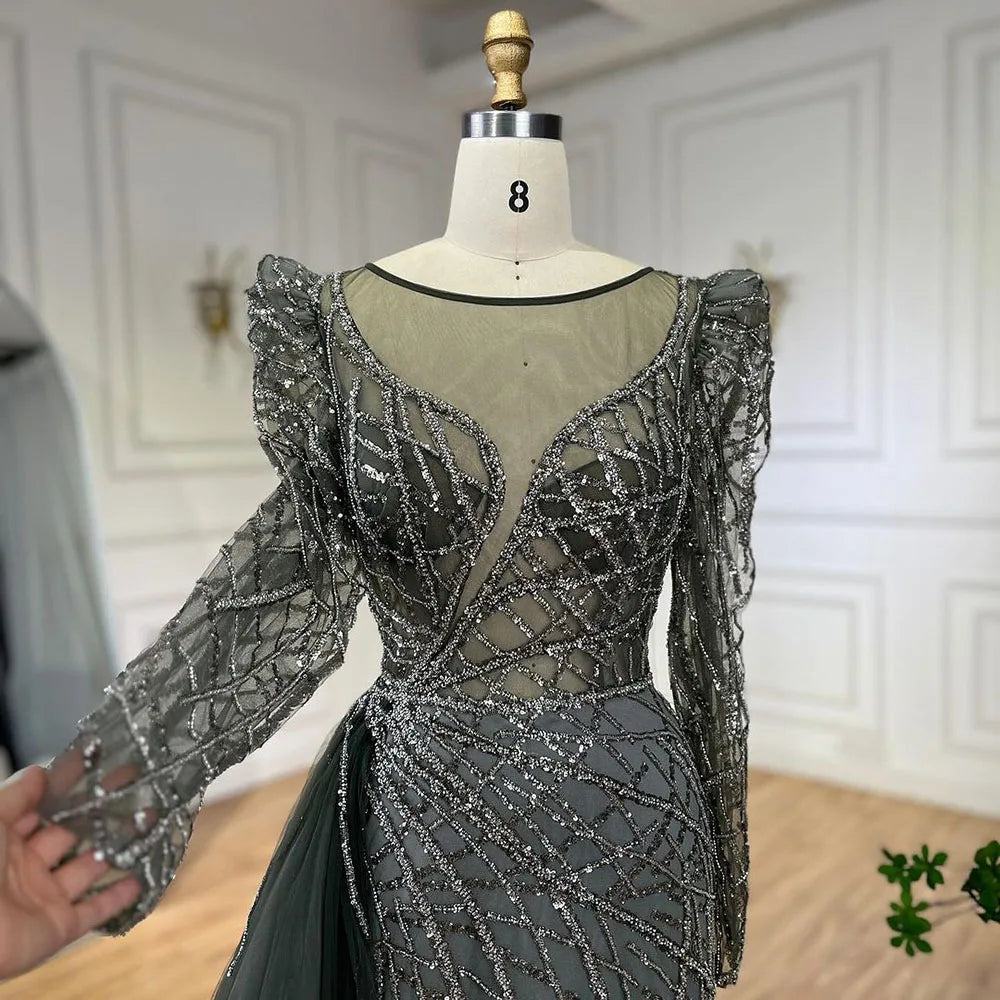 Serene Hill Muslim Gold Mermaid Beaded Luxury Dubai Evening Dresses Gowns With Overskirt 2024 For Women Party LA72206