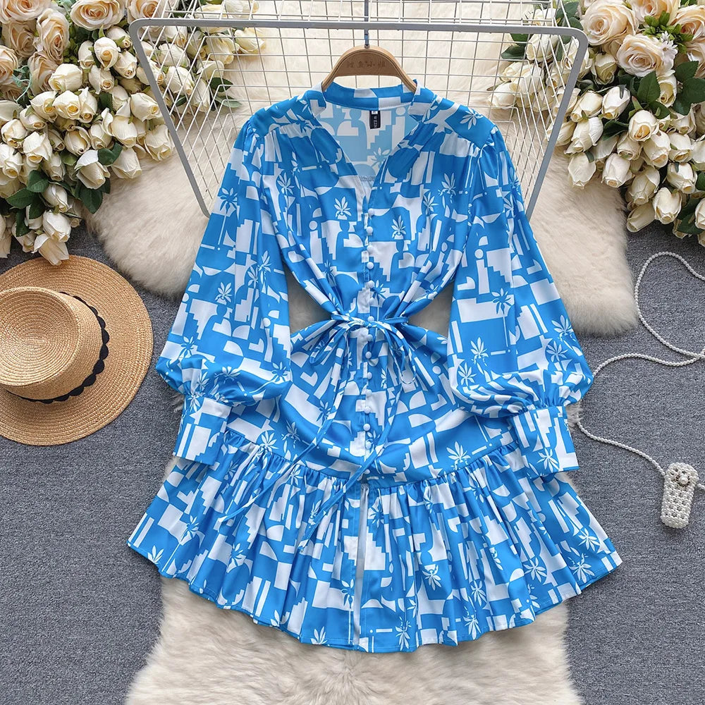 Short Dresses For Women Front Button Up Elegant Geometric Print Dress V Neck Long Sleeve Ruffle Hem Tie Belt Mini Casual Dress