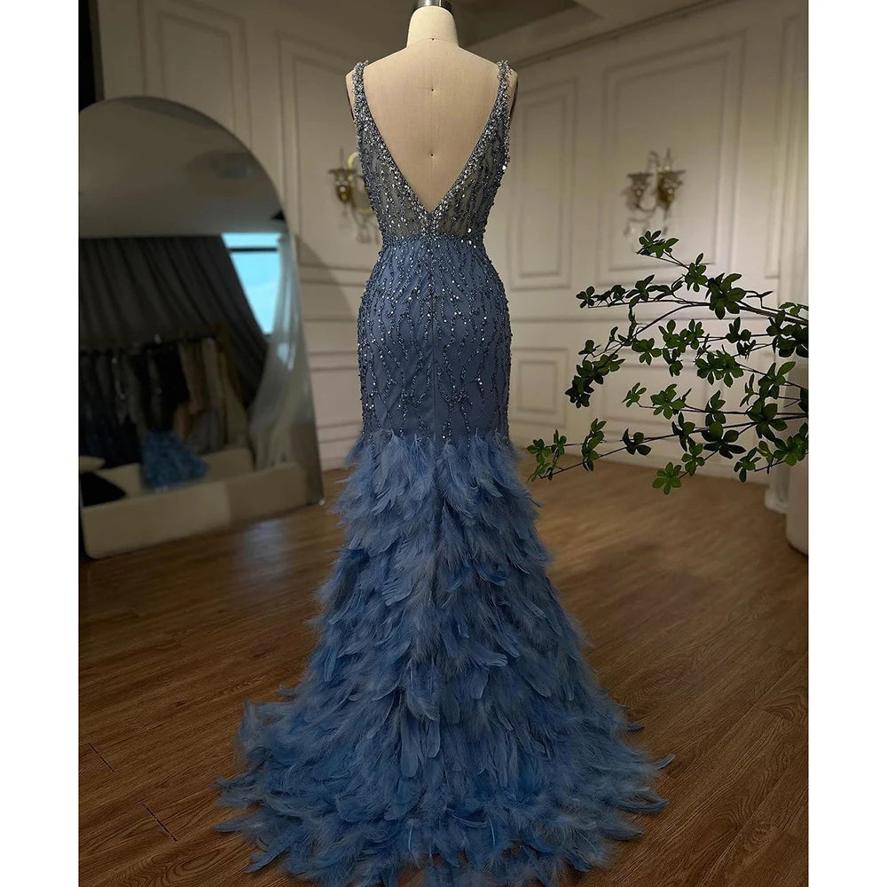 Serene Hill Pink Mermaid High Split Luxury Evening Dresses Feather Beaded Gowns Long 2024 For Women Wedding Party LA72152