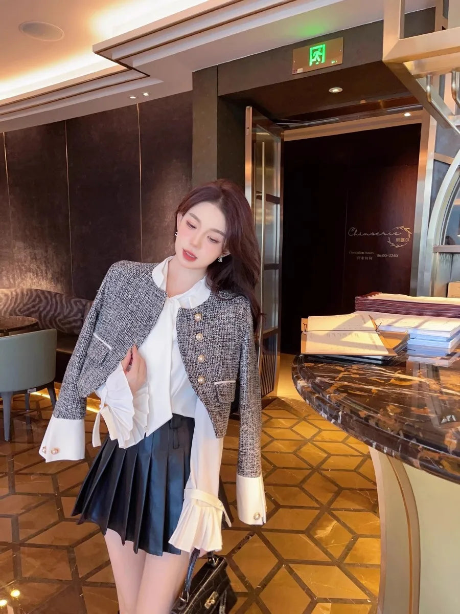 High-end Color Contrast Small Fragrance Equestrian clothing for Women Autumn New Loose and Fashionable Coarse Tweed Short Coat