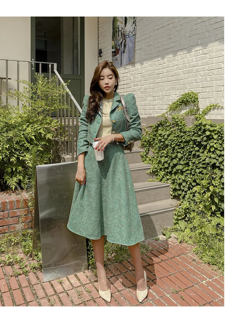 Elegant Temperament Two-Piece Set Tweed for Women Short Blazer Jacket +High Waist Swing Skirt Suits Green Korean Outfits