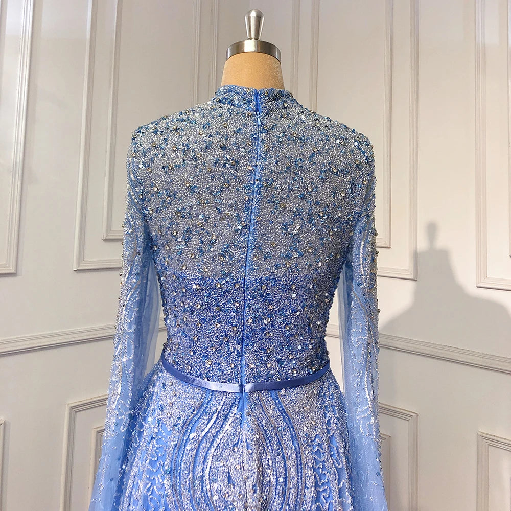 Serene Hill Blue A-Line High-end Beaded Luxury Cape Sleeves Evening Dresses Gowns 2024 For Woman Party Plus Size LA70066B