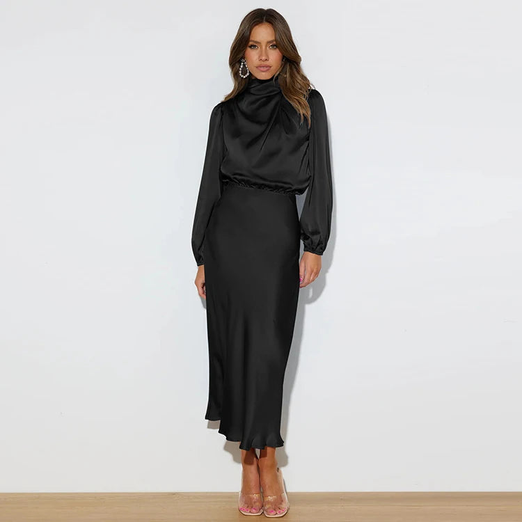 Spring Summer New High-End Satin Long Sleeved Dress Women's Ladylike Elegant Evening Dress Party Clothes Celebrity Dresses