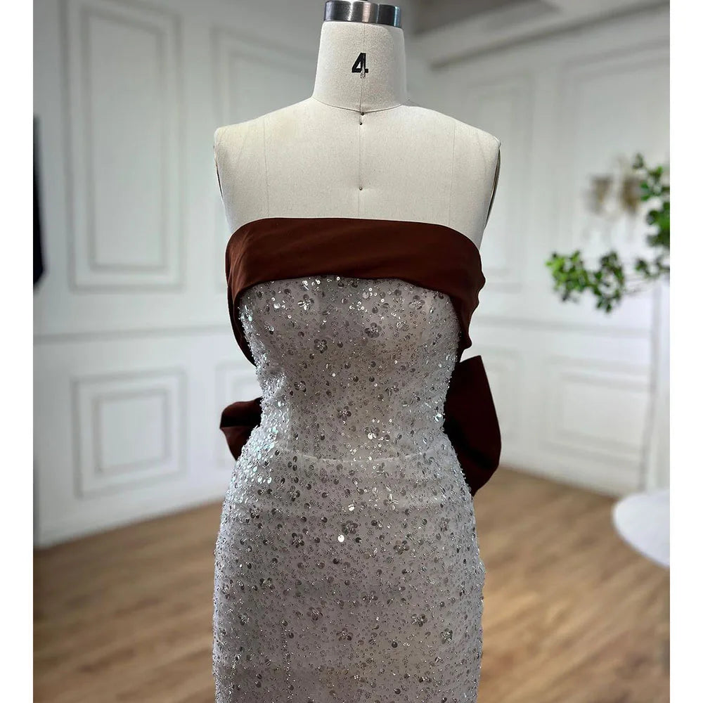Serene Hill Arabic Beige Elegant Mermaid Strapless Beaded Evening Dresses 2024 Gowns For Women Wedding Party LA72065