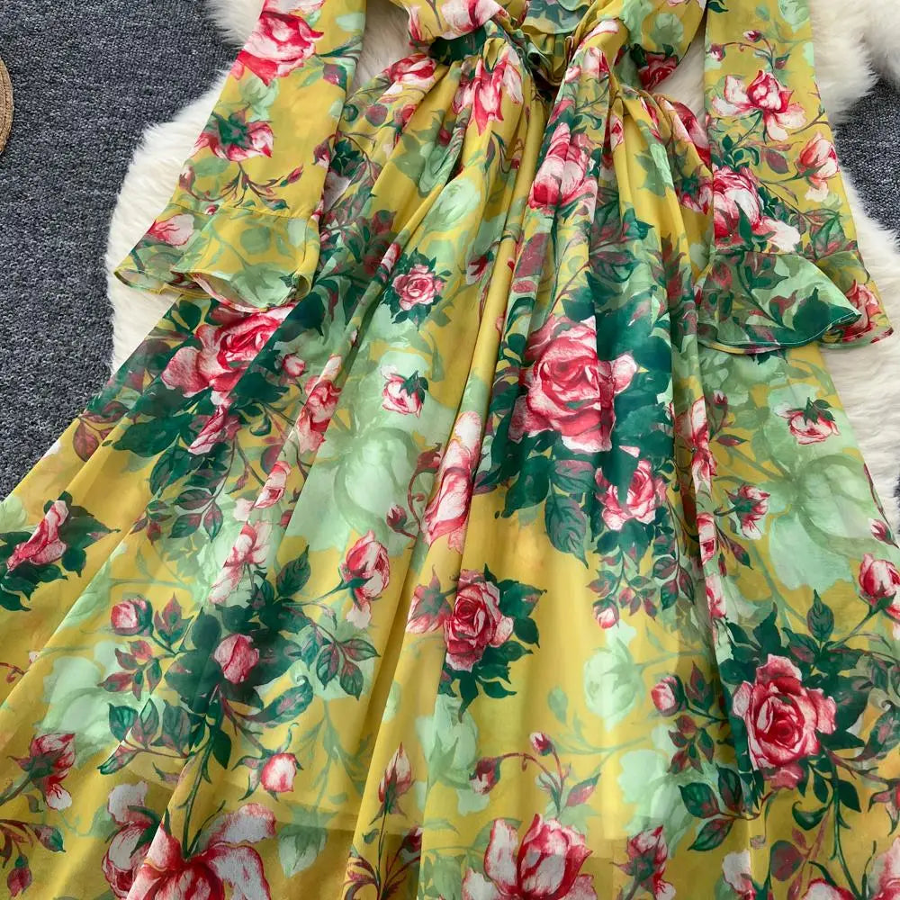 Women Elegant Floral Print Dress for Women Vintage V-Neck Long Sleeves Chiffon Slim A-Line Vestidos Mujer Autumn Female Clothes