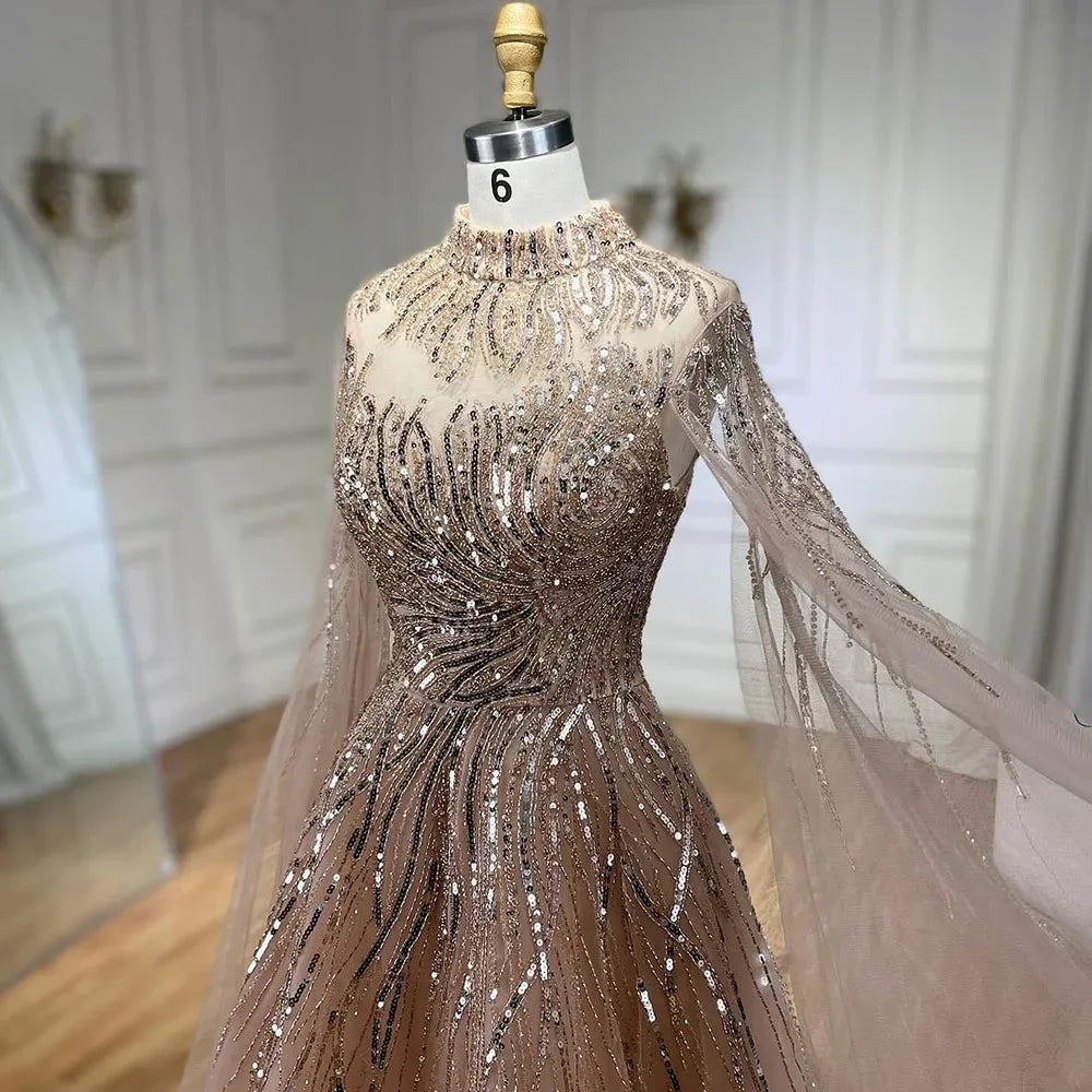 Serene Hill Caramel Luxury Evening Dresses with Cape Sleeves A-Line Beaded Lace Gown For Women's Wedding Party 2024 LA72386