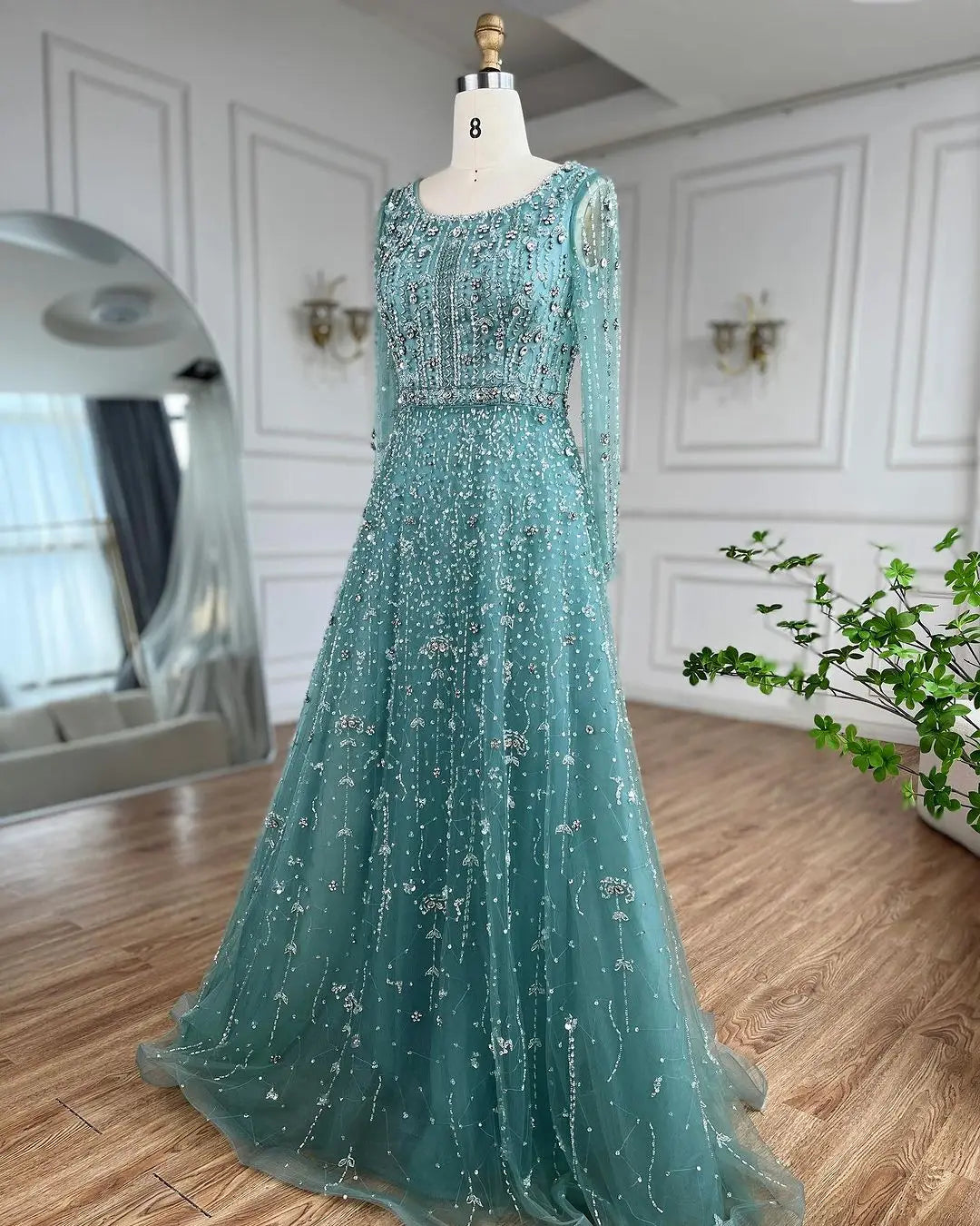 SERENE HILL Dubai Arabic Nude Designer Luxury Beaded Evening Dresses 2024 Long Sleeves Gowns For Women Wedding Party GLA72088