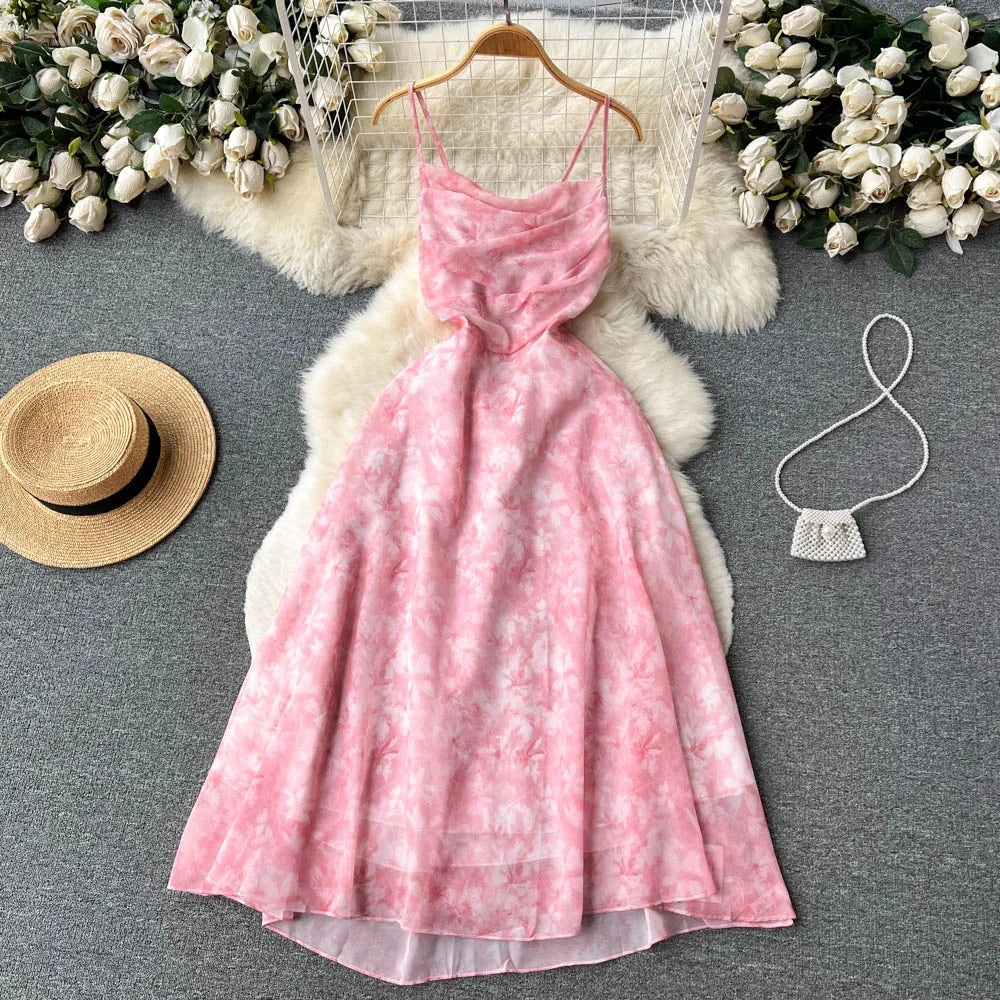 Women Pink Beach Dress Summer Sleeveless Hollow Out High Waist A-line Floral Printing Chiffon Dresses Ladies Casual Long Robe