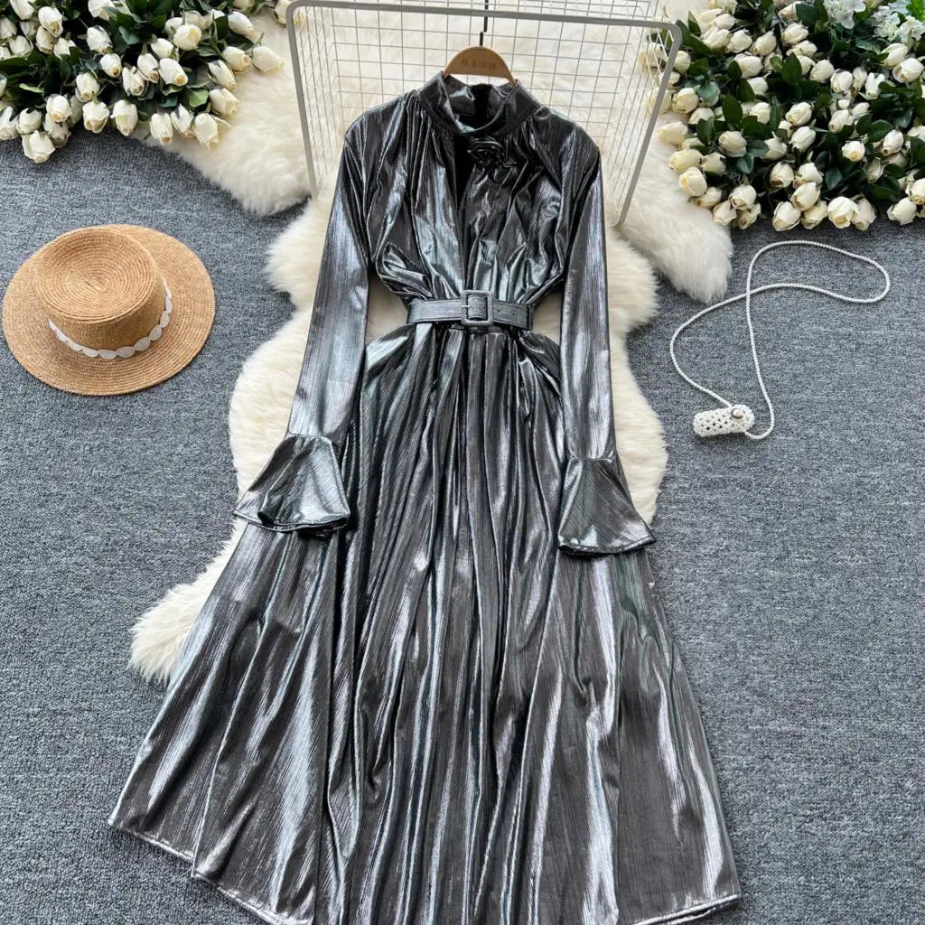 Autumn Vintage Pleated Women Long Dress Elegant Stand Collar Solid A-Line Party Prom Vestidos Female Birthday Clothes Mujers