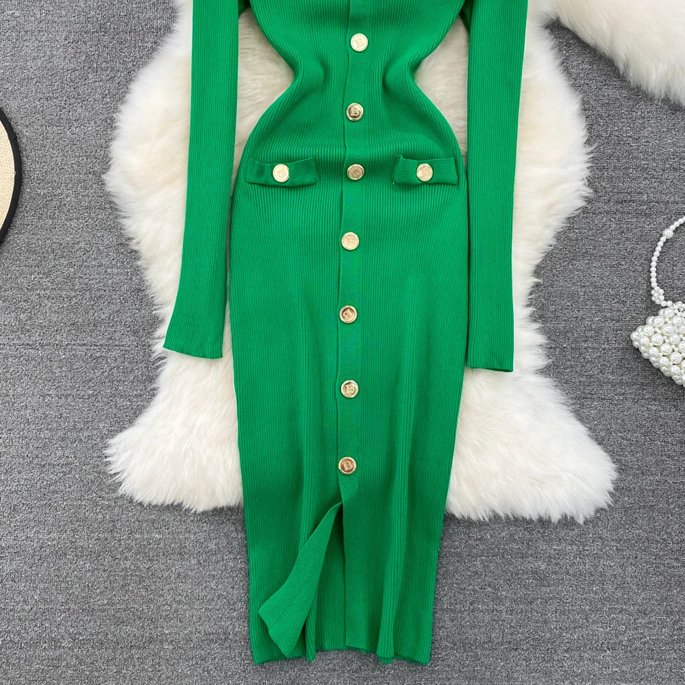 Sexy Split V-neck Long Sleeve Bodycon Dress Chic Elegant Evening Party French Fashion Knit Vestidos Women Autumn Pencil Dress