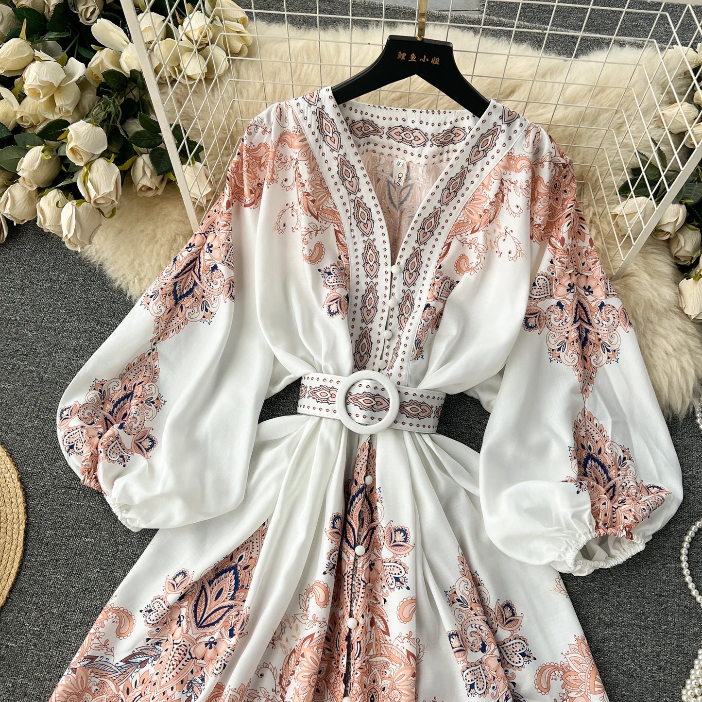 Vintage Print Elegant V-eck Single Breasted Lantern Long Sleeve Dress A-line Casual Women Fashion Summer Spring Vestidos