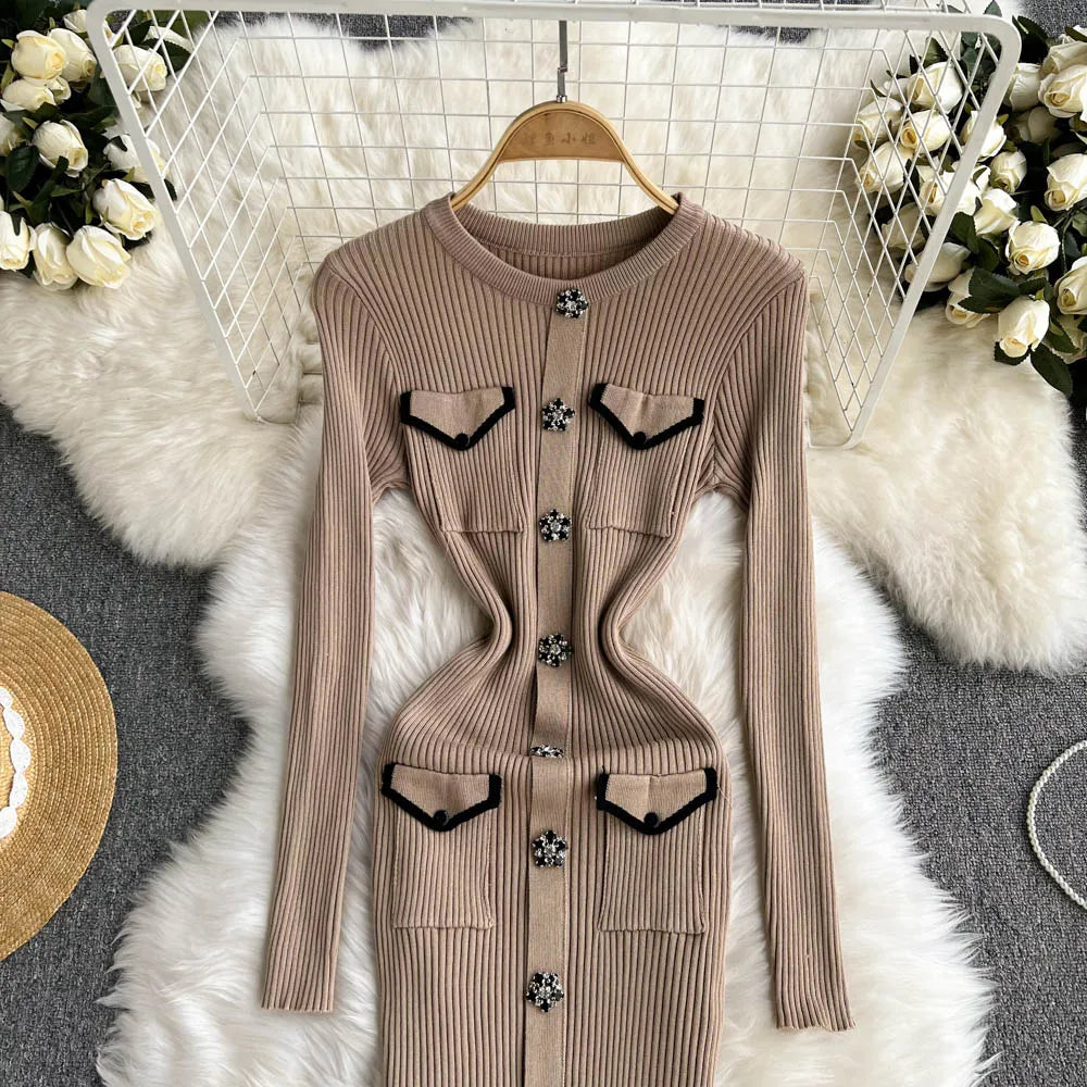 Women Elegant Chic Long Sleeve Sexy Slim Bodycon Dress Vintage Korean Fashion Knit Tight Vestido Autumn Winter Sweater Robe