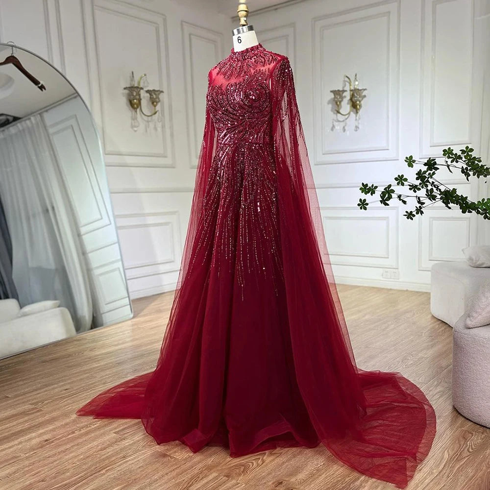 Serene Hill Caramel Luxury Evening Dresses with Cape Sleeves A-Line Beaded Lace Gown For Women's Wedding Party 2024 LA72386