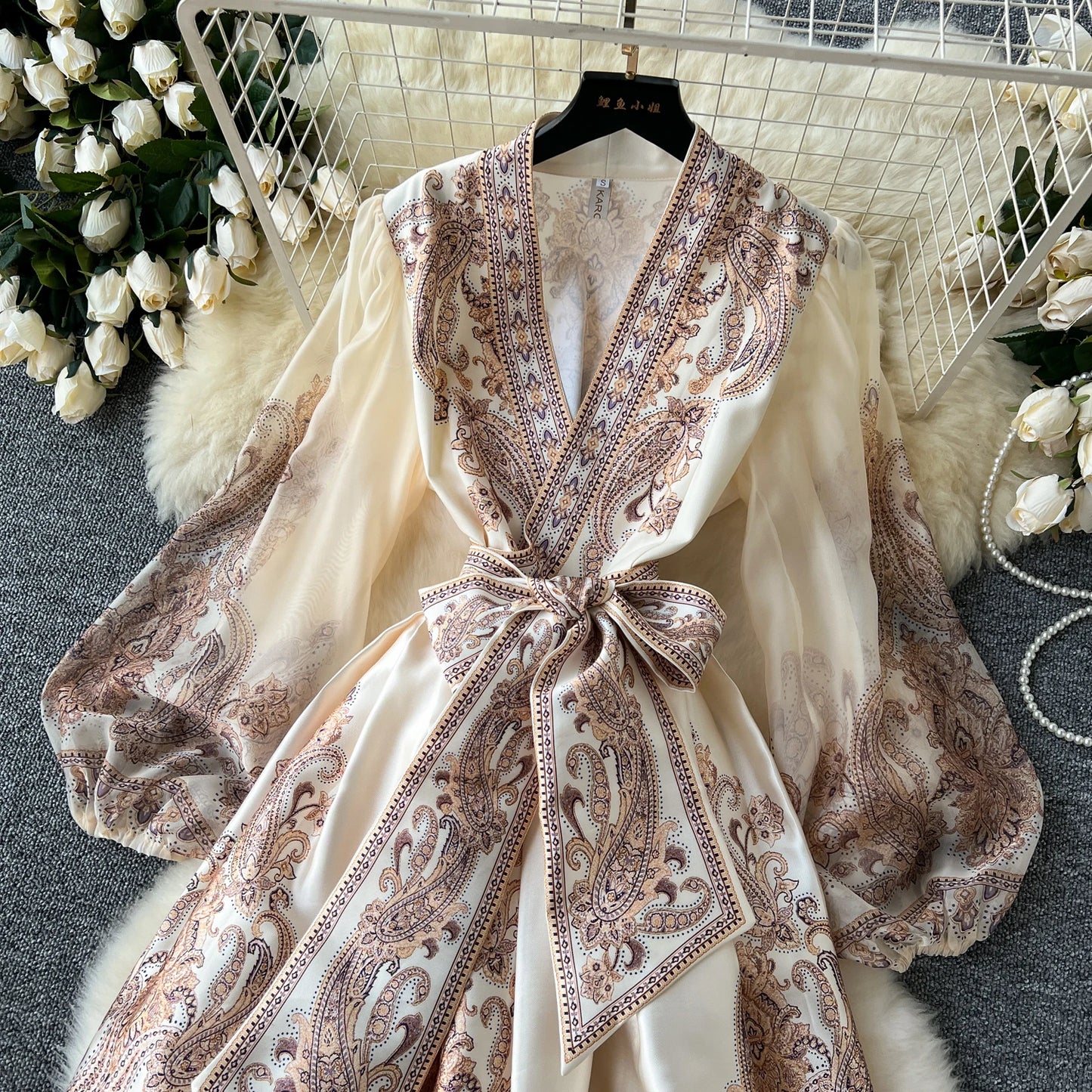 Vintage Elegant sweet puff sleeve Bandage Dress A-line Chic Casual Beach Vacation Women Summer dresses