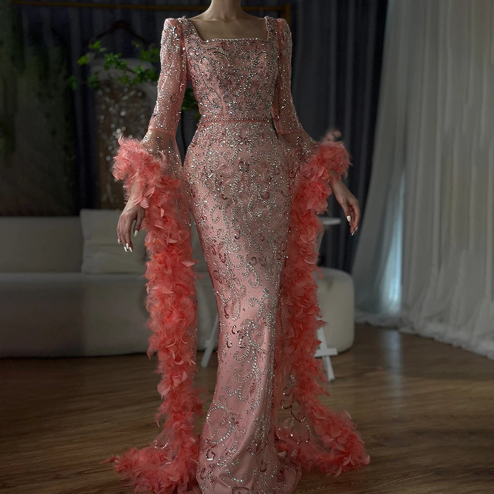 Serene Hill Flared Sleeves Mermaid Peach Beaded Feather Luxury Evening Dresses Gowns For Women's Party 2024 LA72767