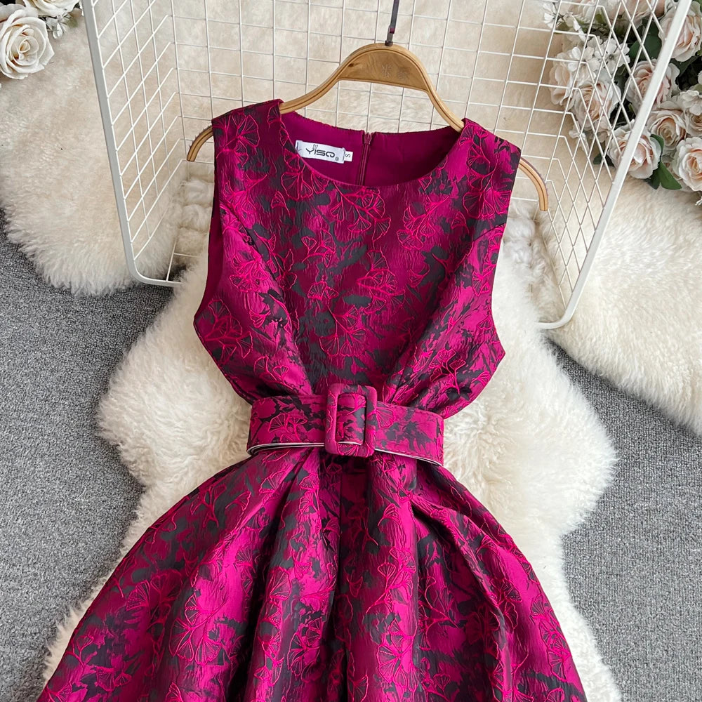 Women Vintage Floral Dresses Summer Slim A-line Sleeveless Party Dresses Ladies Elegant O-neck Casual Midi Dress Vestidos