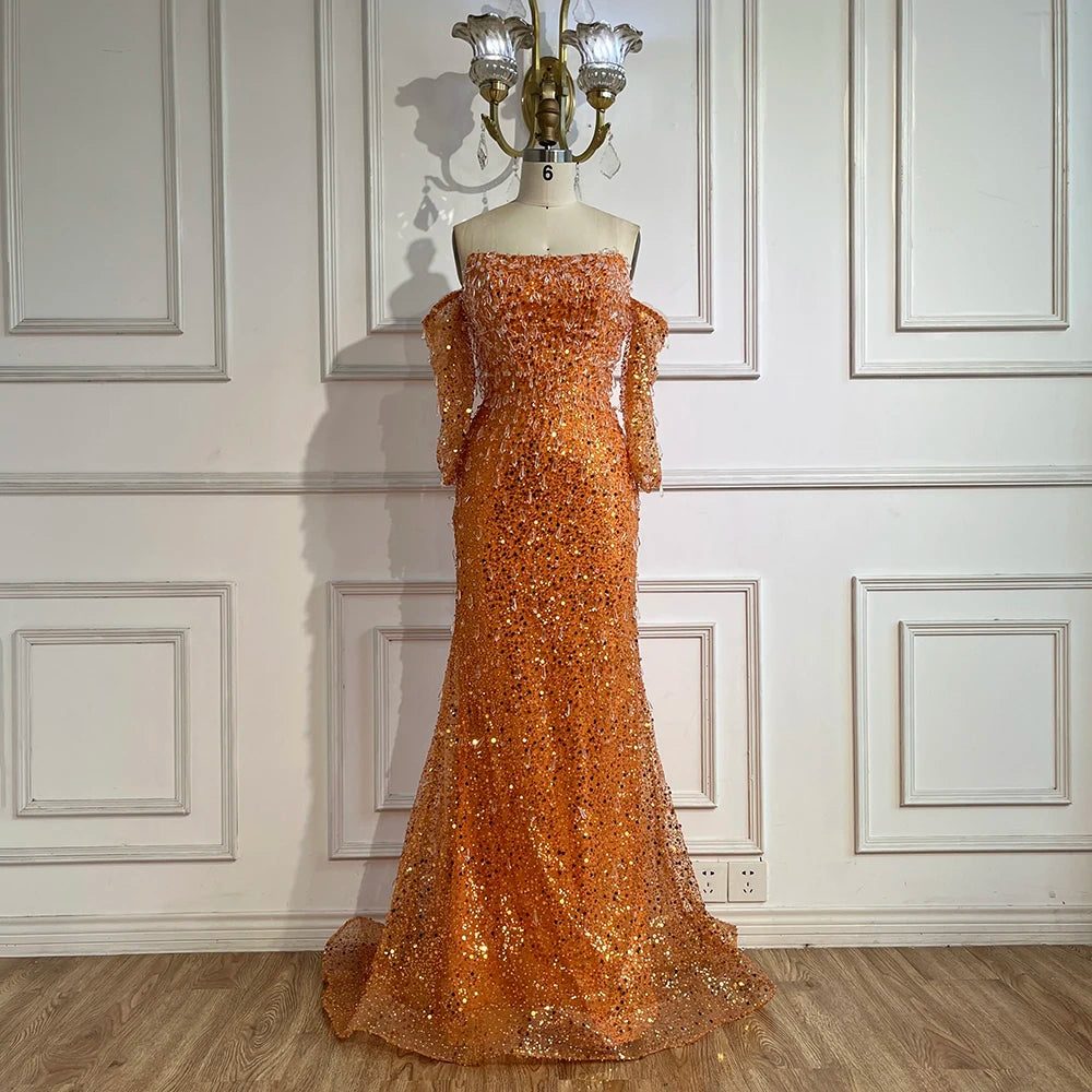 Serene Hill Arabia Orange Mermaid Strapless Luxury Beaded Crystal Evening Dresses Gowns for Women Wedding Party 2024 LA72402
