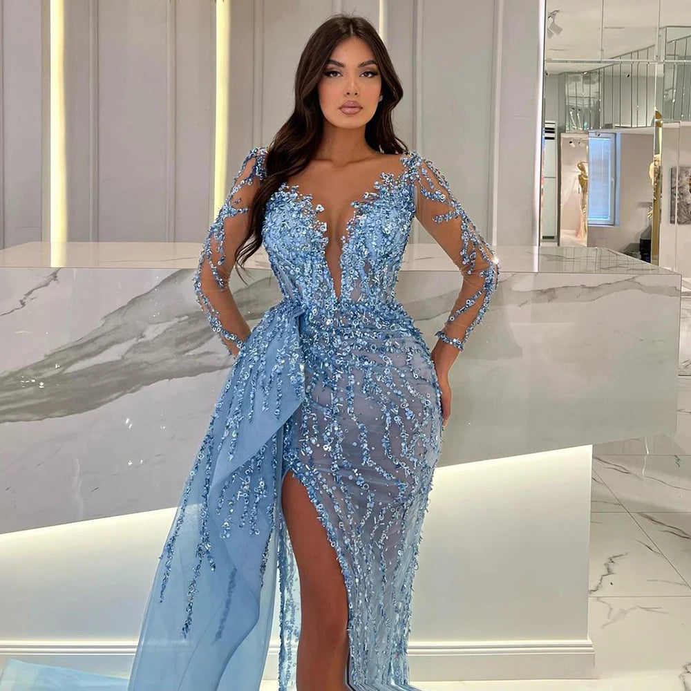 Serene Hill Blue Long Sleevele Elegant Mermaid High Split Evening Dresses 2024 Women Party Gowns with Side Skirt LA72044