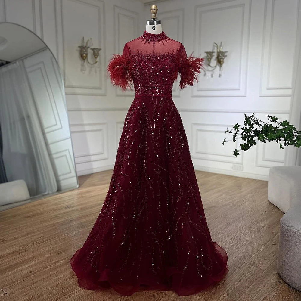 Serene Hill 2024 Arabic blue A Line Short Sleeveless Luxury Evening Dresses Beaded Feathers For Women Wedding Party LA72351