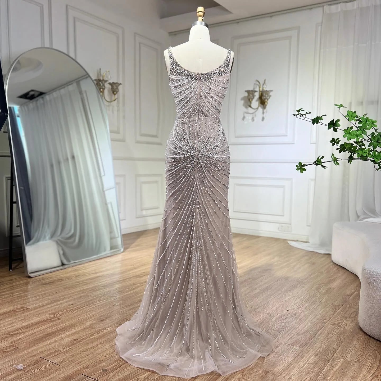 SERENE HILL 2024 Arabic Nude Spaghetti Strap Mermaid Luxury Beaded Evening Dresses Gowns For Women Wedding Party GLA72356