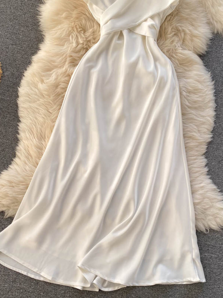 New Women Casual Long Dress Summer Cross V-neck Sexy Off-shoulder Dresses Ladies Sleeveless Slim Satin Long Robe Vestidos
