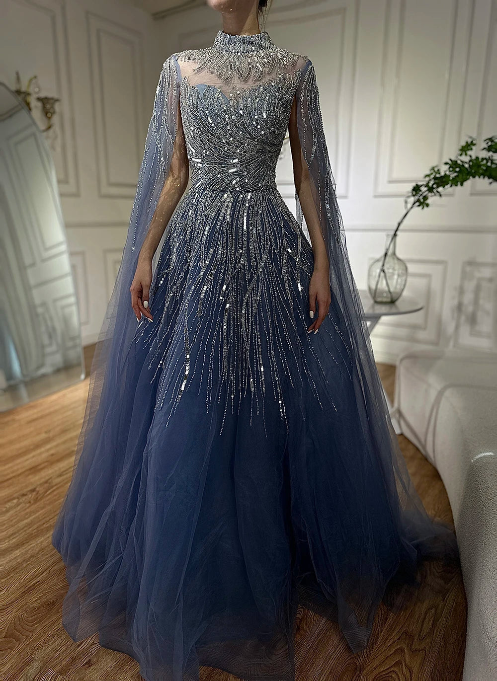Serene Hill Caramel Luxury Evening Dresses with Cape Sleeves A-Line Beaded Lace Gown For Women's Wedding Party 2024 LA72386