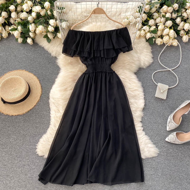 Women Chiffon Beach Dress Sexy Double Layer Ruffled Off The Shoulder Boho Dresses Ladies Sweet Slash Neck Long Dress