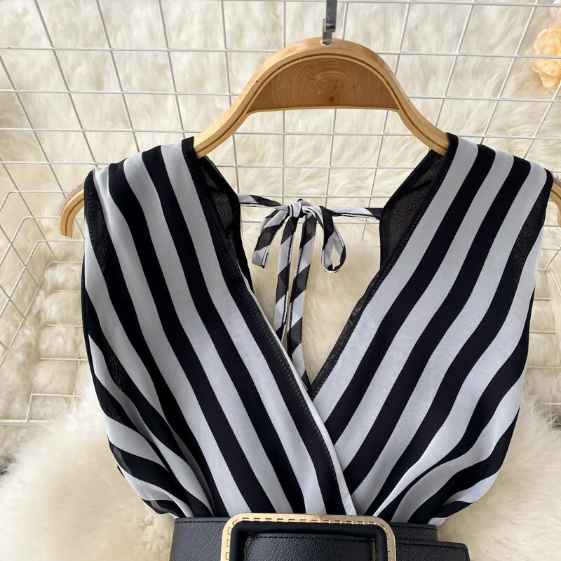 Women Chiffon Striped Jumpsuits Summer Sexy V-neck Sleeveless Elegant Wide-leg Long Pants Playsuits Ladies Dot Romper Overall