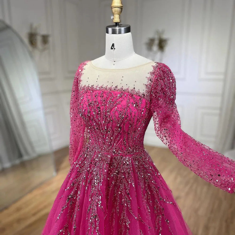 Serene Hill Muslim Pink A Line Beaded Luxury Dubai Long Evening Dresses Gowns 2024 For Woman Wedding Party LA71915