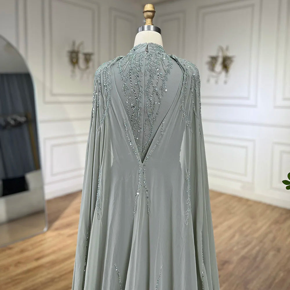 Serene Hill Muslim Sage Green Mermaid Long Cape Beaded Satin Luxury Evening Dresses Gowns For Women Party 2024 LA72413A