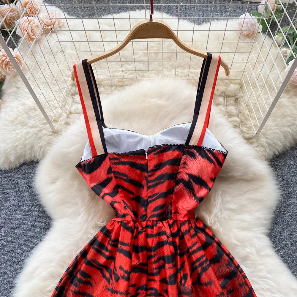 Women Vintage Party Dress Summer Leopard Print Three-dimensional Midi Dresses Ladies Elegant A Line High Waist Long Robe