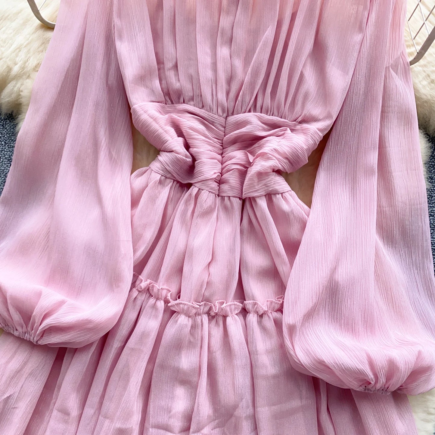 Elegant Tassel Beaded Lantern Sleeve Midi Dress Women French Stand Collar Slim A-Line Pleated Female One Piece Casual Mujer New