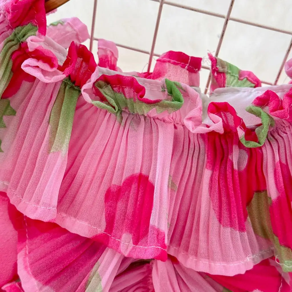 Summer Vintage Casual A-Line Floral Print Women Dress Elegant Chic Pleated Party Prom Vestidos with Belted Female Long Robe