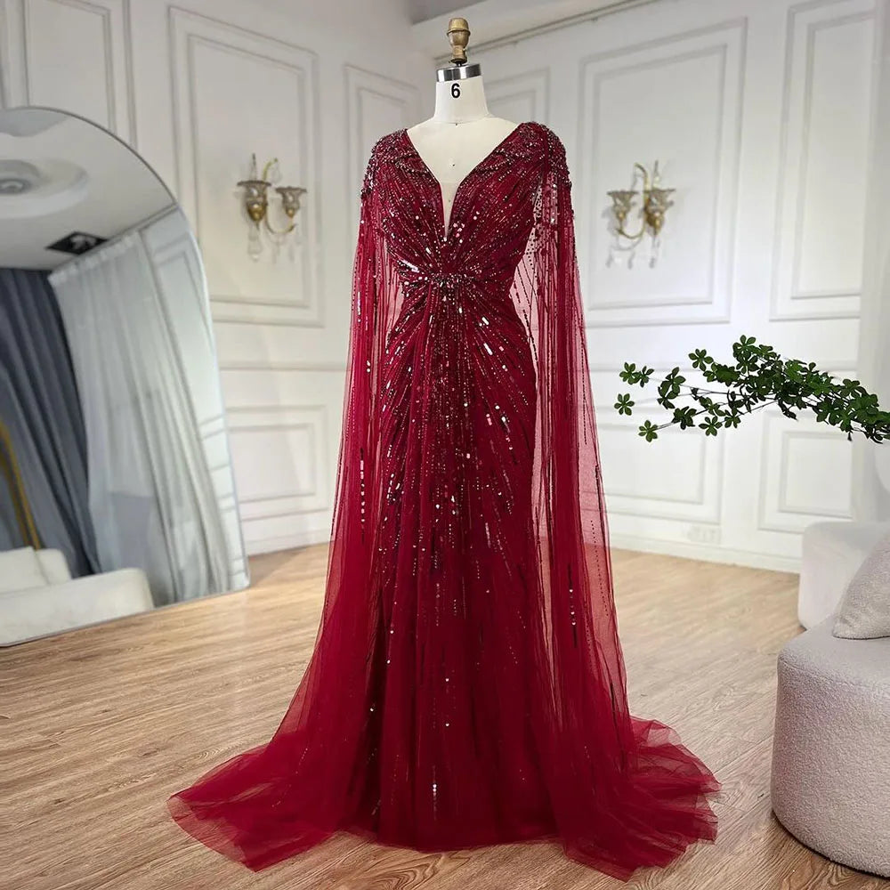 Serene Hill Turquoise Mermaid Evening Dresses Gowns 2024 with Beaded Cape Sleeves Design for Women's Wedding Party BLA72168A