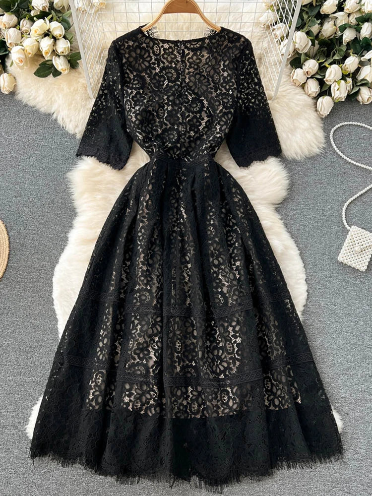 FTLZZ New Summer Elegant Women V-neck Short Sleeve Midi Dress Vintage Lady Lace Hollow Out Dress Empire Slim Party Dress