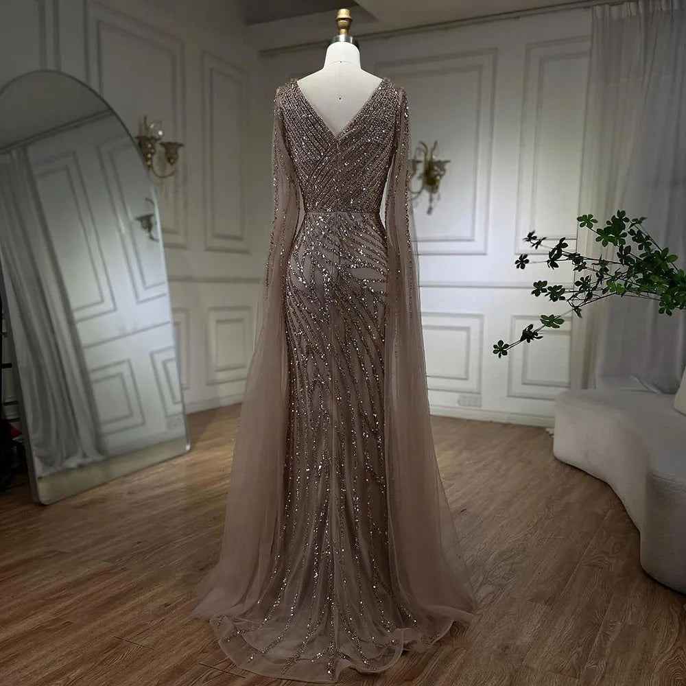 SERENE HILL 2024 Arabic Dubai Caramel Mermaid Luxury Beaded Evening Dresses Cape Sleeves Gowns For Women Wedding Party GLA71493A
