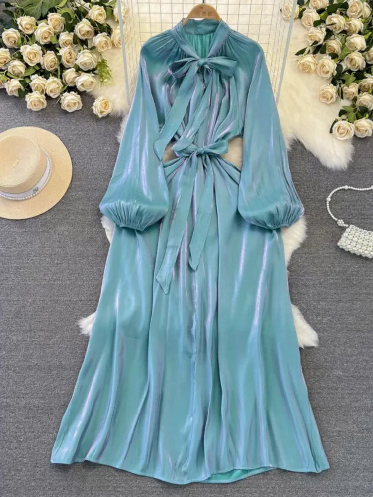 Autumn Elegant Women Fashion Party Long Dress Bow Lace Up Long Sleeve Evening Dresses A-Line Casual Vestidos One Piece Prom Robe