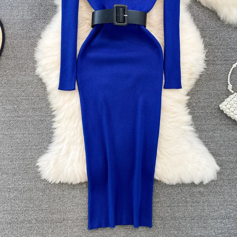 Elegant Turtleneck Long Sleeve Knit Soft Tight Pencil Dress with Belt Slim Fashion Warm Sweater Vestido Sexy Women Winter Robe