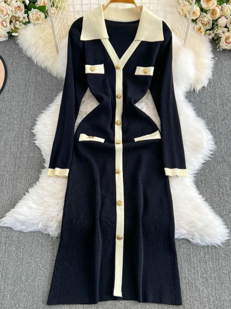 Elegant Women Fashion Casual Bodycon Knitted Dress Vintage Single Breasted Party Birthday Prom Vestidos Female Clothes Long Robe