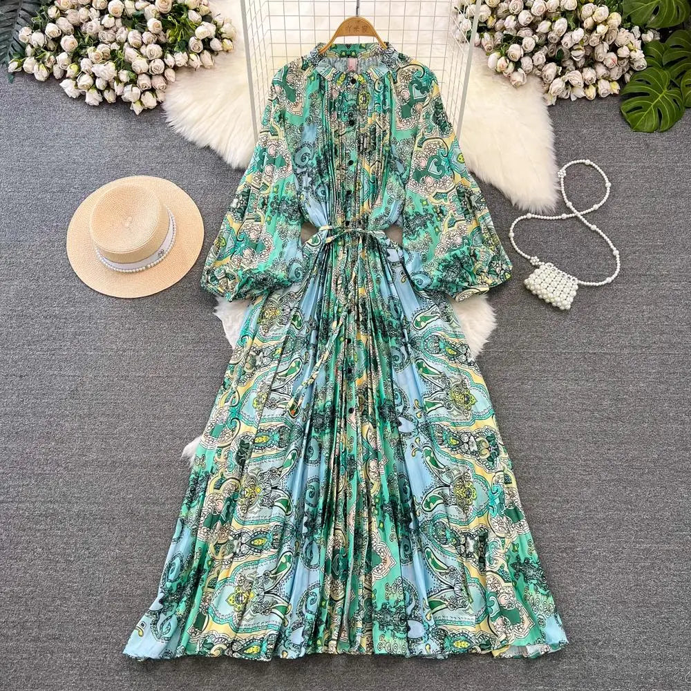 Elegant Women Casual Floral Print Party Dress Vintage Lantern Sleeve A-Line Pleated Prom Birthday Clothes Female Fashion Robe