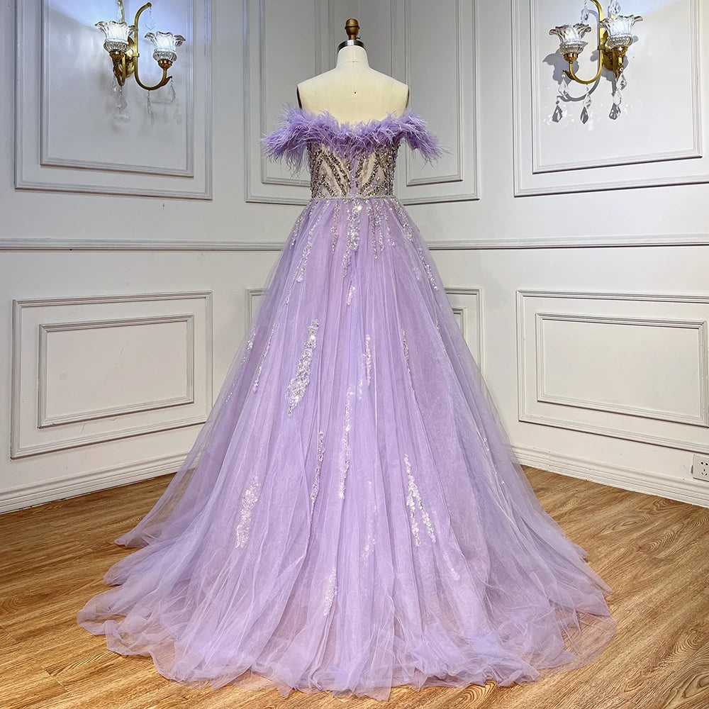 SERENE HILL 2024 Blue Feather Mermaid Luxury Beaded Evening Dresses Overskirt Formal Pink Gowns For Women Wedding Party GLA72061