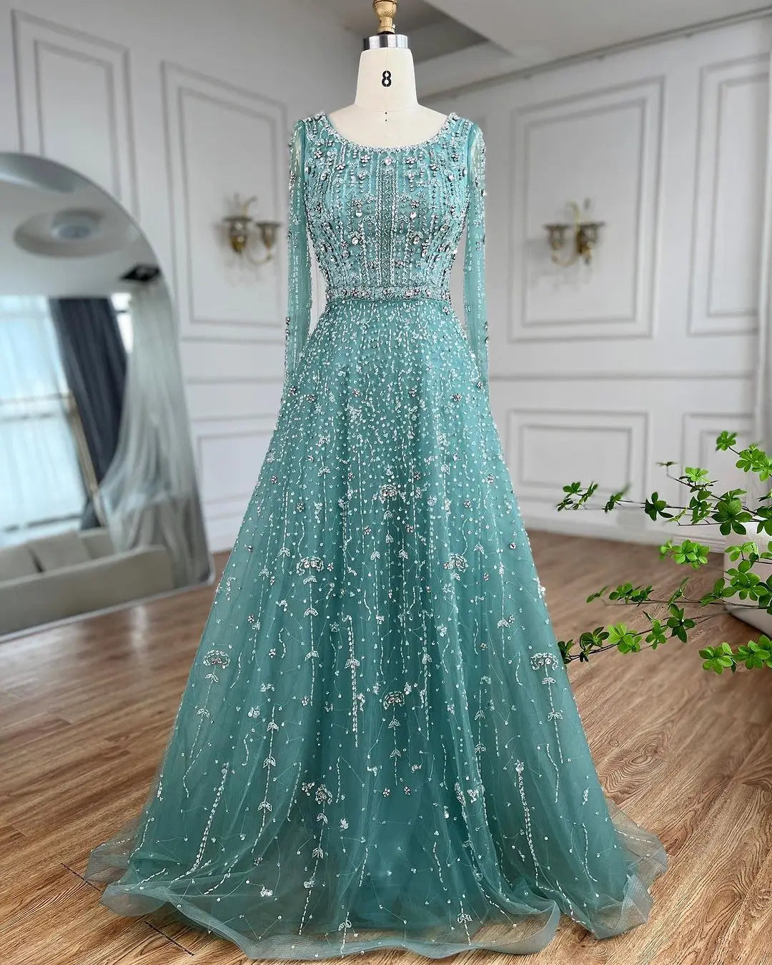 SERENE HILL Dubai Arabic Nude Designer Luxury Beaded Evening Dresses 2024 Long Sleeves Gowns For Women Wedding Party GLA72088